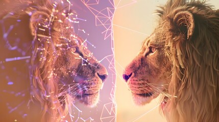 Majestic Lion Gazing into Digital Fiber Reflection with Neon Highlights