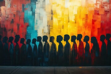 diverse unity mural colorful crowd scene various ethnicities and ages stylized flat design overlapping silhouettes creating dynamic composition urban backdrop