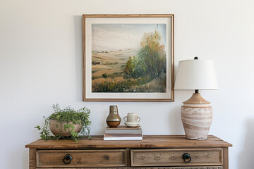 A rustic wooden frame hangs on the wall above an oak sideboard, holding a vintage landscape painting. The frame is simple and weathered, with natural tones of light brown or beige.