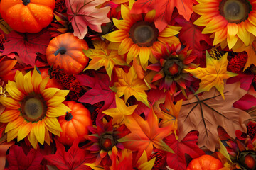 Vibrant autumn leaves and sunflowers intermixed with small pumpkins creating a colorful seasonal arrangement. Concepts of fall, harvest, and nature's beauty as background elements.