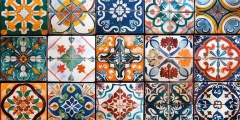 Close-up view of a variety of decorative tile designs in bold colors and patterns, suitable for home decor or art installation.
