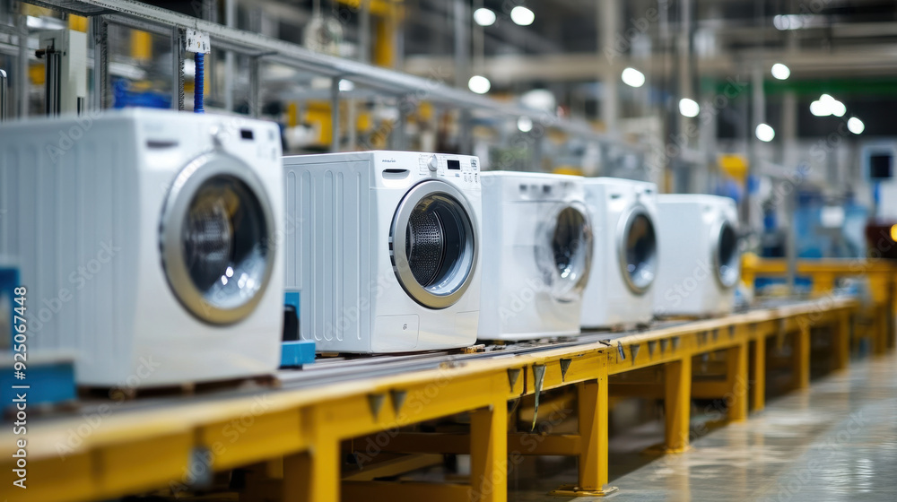 Poster automated production line assembling washing machines in a modern factory