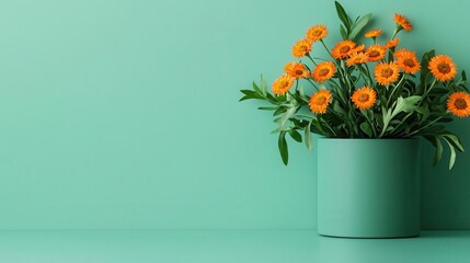 Elegant podium adorned with calendula flowers, highlighted by gentle, diffused light in a serene setting