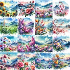 flowers. Watercolor splash style. AI generated illustration