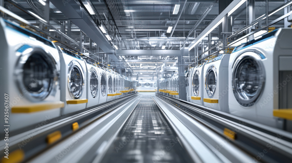 Poster automated production line assembling washing machines in a modern factory