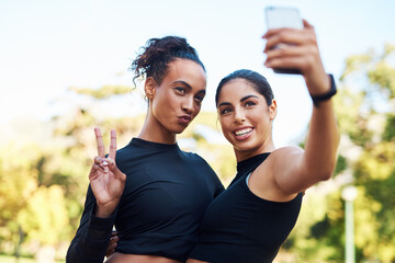 Selfie, portrait and friends with peace, workout and diversity of women in park, exercise and happy. Outdoor, girls and profile picture for content creation, summer and fitness influencer in woods