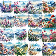 flowers. Watercolor splash style. AI generated illustration