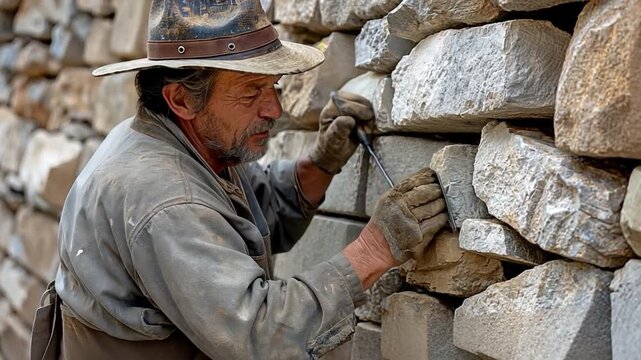 A bricklayer uses metal tools, wood and building supplies like rocks and bricks to build a stone wall.