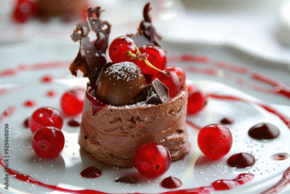 Poster delicious chocolate mousse dessert with chocolate curls and red currants being presented on a white 