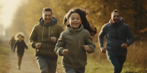 Fototapeta premium A family running together on a path, emphasizing health and active living.