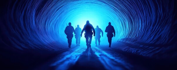 Fototapeta premium Investigative team infiltrating a hidden lair, moving stealthily with tension and dramatic lighting, illustration, breaking into a crucial hideout