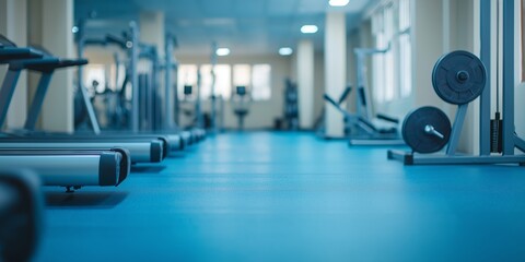 Fototapeta premium A spacious gym with blue flooring, featuring a variety of exercise equipment like treadmills, weights, and machines.