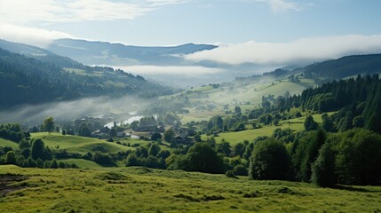 Obraz premium Beautiful foggy morning over mountain 