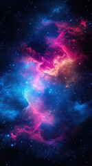 Vibrant cosmic nebula with swirling colors of pink, blue, and gold against a starry background, evoking mystery and wonder.