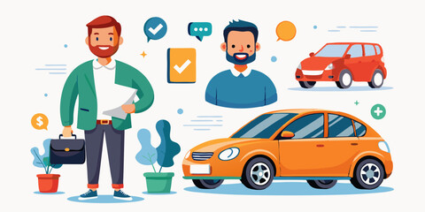 Happy man with a car on a white background in different views. The guy buys, rents, and drives a city hatchback. Insurance and maintenance
