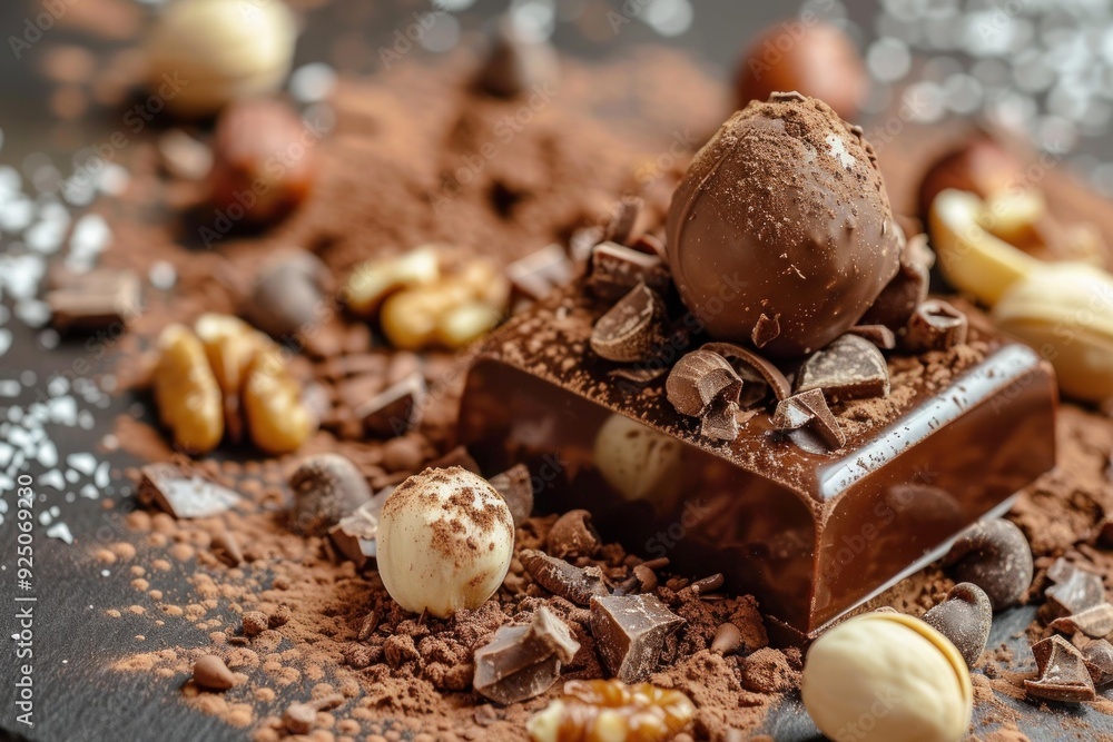 Poster chocolate truffle resting on chocolate bar surrounded by cocoa powder, chocolate curls and nuts on a