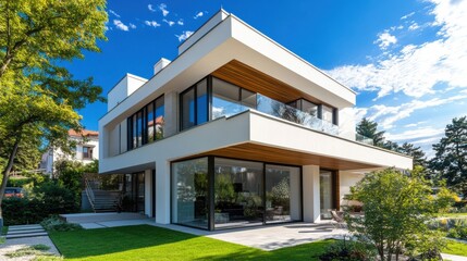 Fototapeta premium A modern house with a large grassy lawn and trees, AI