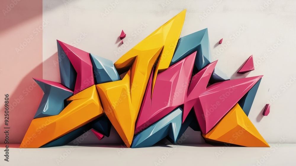 Poster a colorful graffiti art piece with a bright yellow, blue and pink color scheme, ai