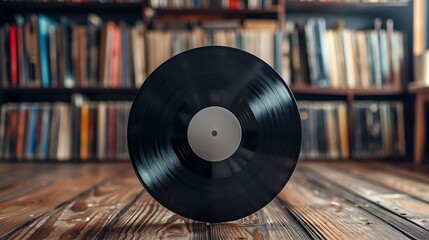 A black vinyl record lying on a wooden floor, with a bookshelf full of books in the background.