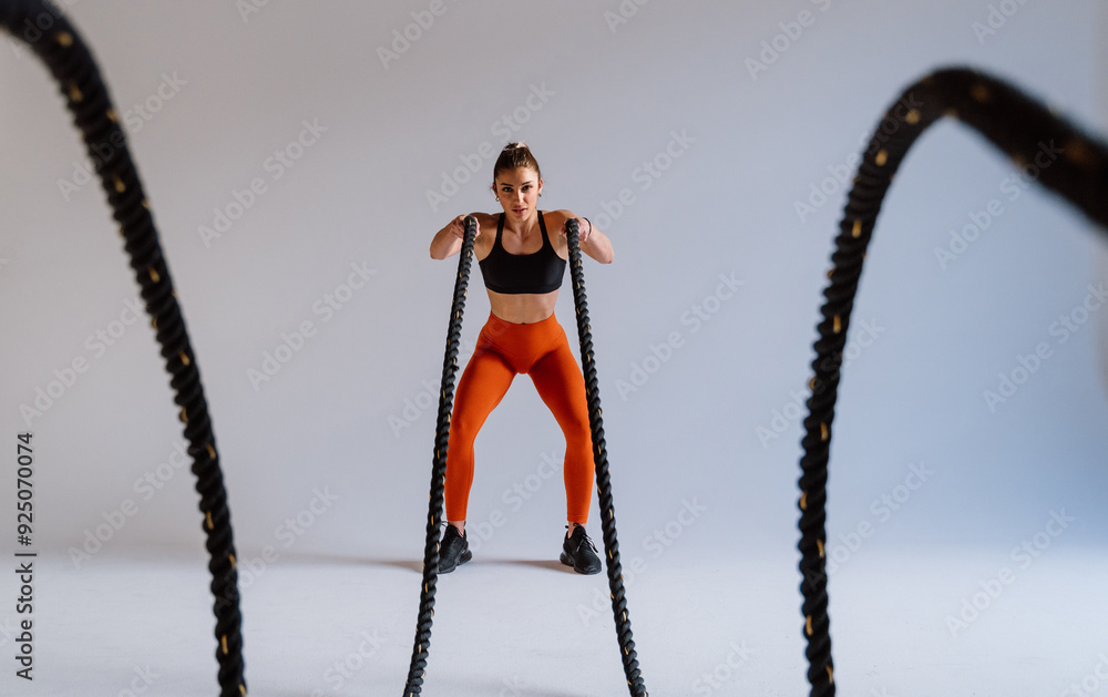 Poster Young female athlete training in a gym using sport equipment