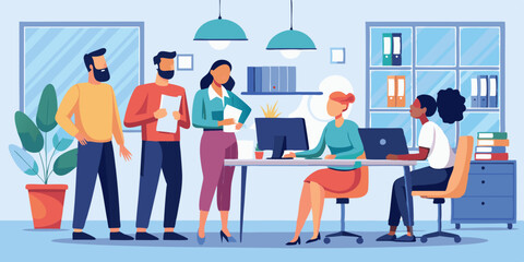 Employees discuss tasks and new projects while standing in the office. Colleagues are working. Vector illustration
