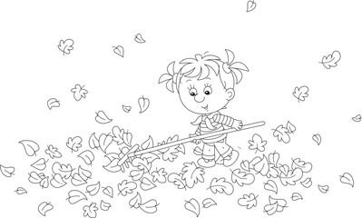 Funny little girl raking fallen leaves with a rake and cleaning her autumn garden out of town in countryside, black and white vector cartoon illustration for a coloring book page