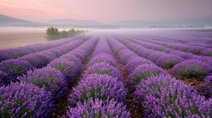 Lavender Fields at Sunrise with Fog