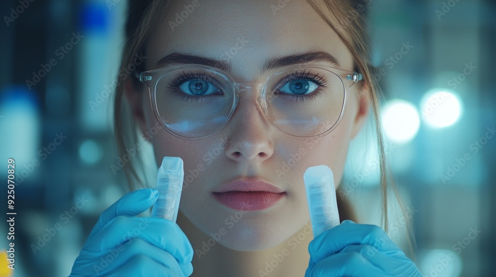 Poster a focused scientist analyzes samples in a bright lab, showcasing dedication to research and discover