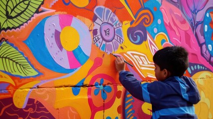 Creative Freedom: Child Painting a Colorful Mural Wallpaper