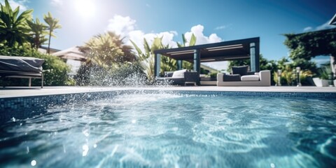 A pool with clear blue water under a bright sun, surrounded by lounge chairs and tropical trees.