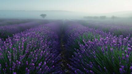 Fototapeta premium Lavender Field in Morning Mist