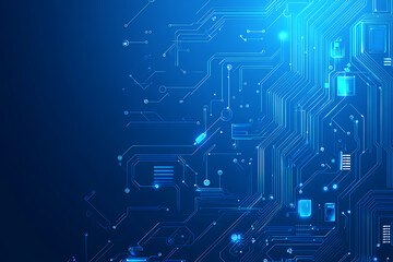 Futuristic vector illustration of a blue circuit board with intricate digital tech elements, perfect for advanced technology backgrounds.
