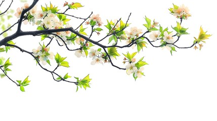 A branch of a tree with white blossoms and green leaves isolated on a white background.