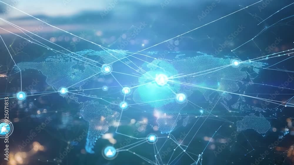 Poster a digital map highlights connected nodes representing global navigation and data transfer during twi