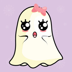 Cute ghost with pink bow in kawaii style, vector illustration for halloween