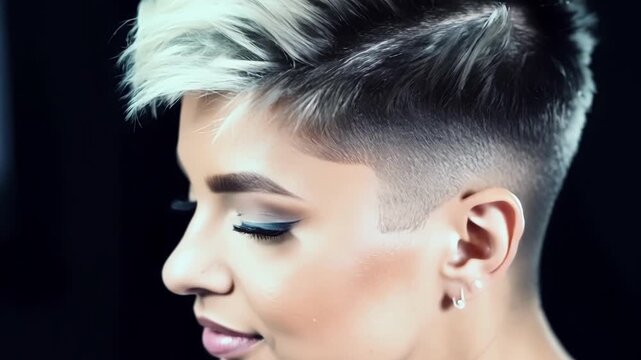 Stylish young woman with bleached hair showcases her trendy undercut hairstyle. Exuding modern beauty and fashion with an edgy touch. Complemented by makeup and earrings against a black background