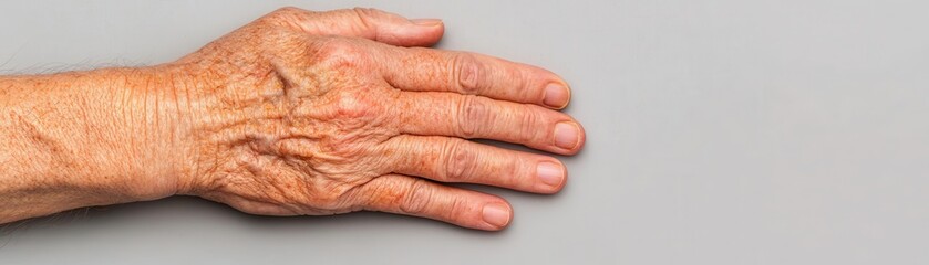 Fototapeta premium Detailed Close-up of Arthritis in Hand with Swollen Joints, Copy Space Available for Text