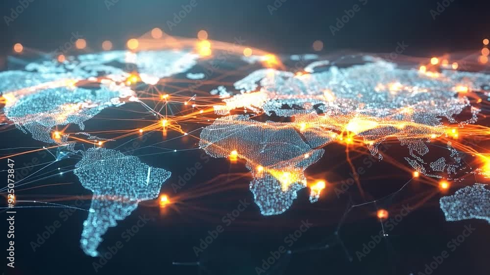 Poster a digital representation of a world map illuminated by glowing lines, illustrating global network co