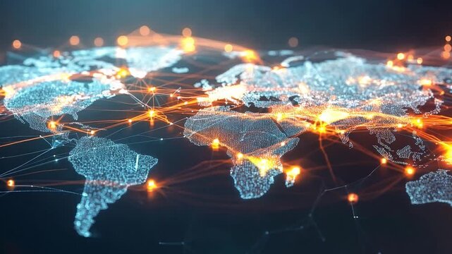 A digital representation of a world map illuminated by glowing lines, illustrating global network connections and data flow.
