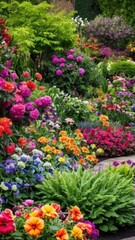 Naklejka premium Bustling garden filled with a variety of flowers and greenery,