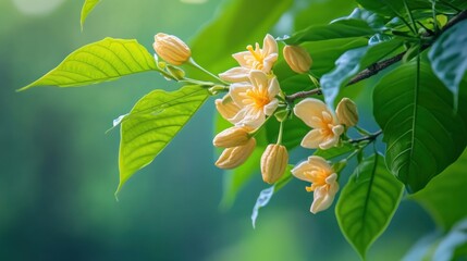 A cocoa tree in full bloom, with flowers and pods adorning the branches