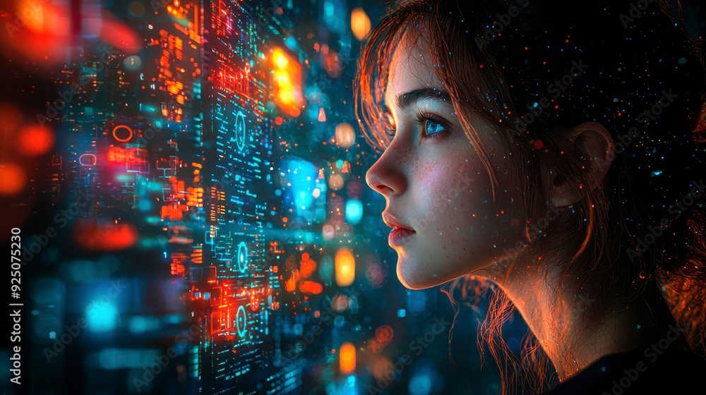 Poster a woman surrounded by digital screens and holograms symbolizing the depth of knowledge in the age of