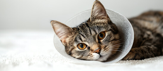Tabby cat wearing a protective pet cone resting isolated on white background