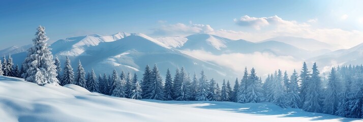 A breathtaking winter scene featuring snow-covered trees under a bright blue sky, capturing the serene beauty of a winter wonderland.