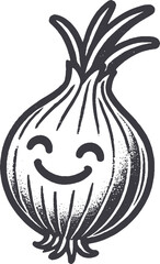 Grunge-Style Onion Smiling Vegetable Character with Texture, Rough Hand-Drawn with Grainy Print Effect.