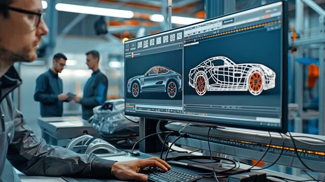 A man in glasses is using a computer at a table in a building to develop an automobile.