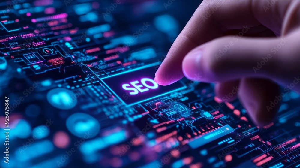 Poster a hand interacts with a luminous seo button amid a complex digital backdrop, symbolizing the fusion 