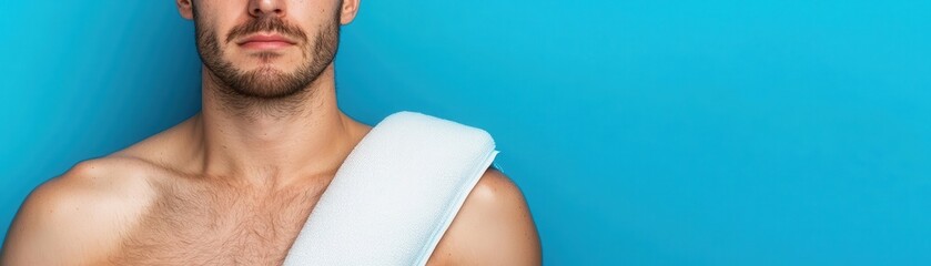 Obraz premium Relaxing with Heat Therapy - Person using Heating Pad on Shoulder with Copy Space for Text, Calm and Comfortable Expression