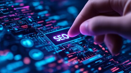 A hand interacts with a luminous SEO button amid a complex digital backdrop, symbolizing the fusion of technology and online marketing