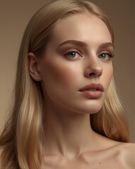 Naklejka premium portrait of a woman with blond hair against a beige wall